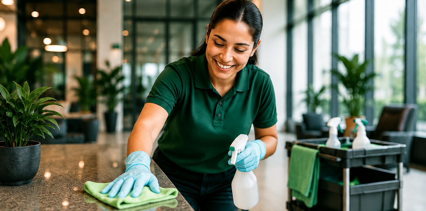 Lokalvårdare från Mälardalen Rent torkar av en reception med mikrofiberduk och städvagn i bakgrunden