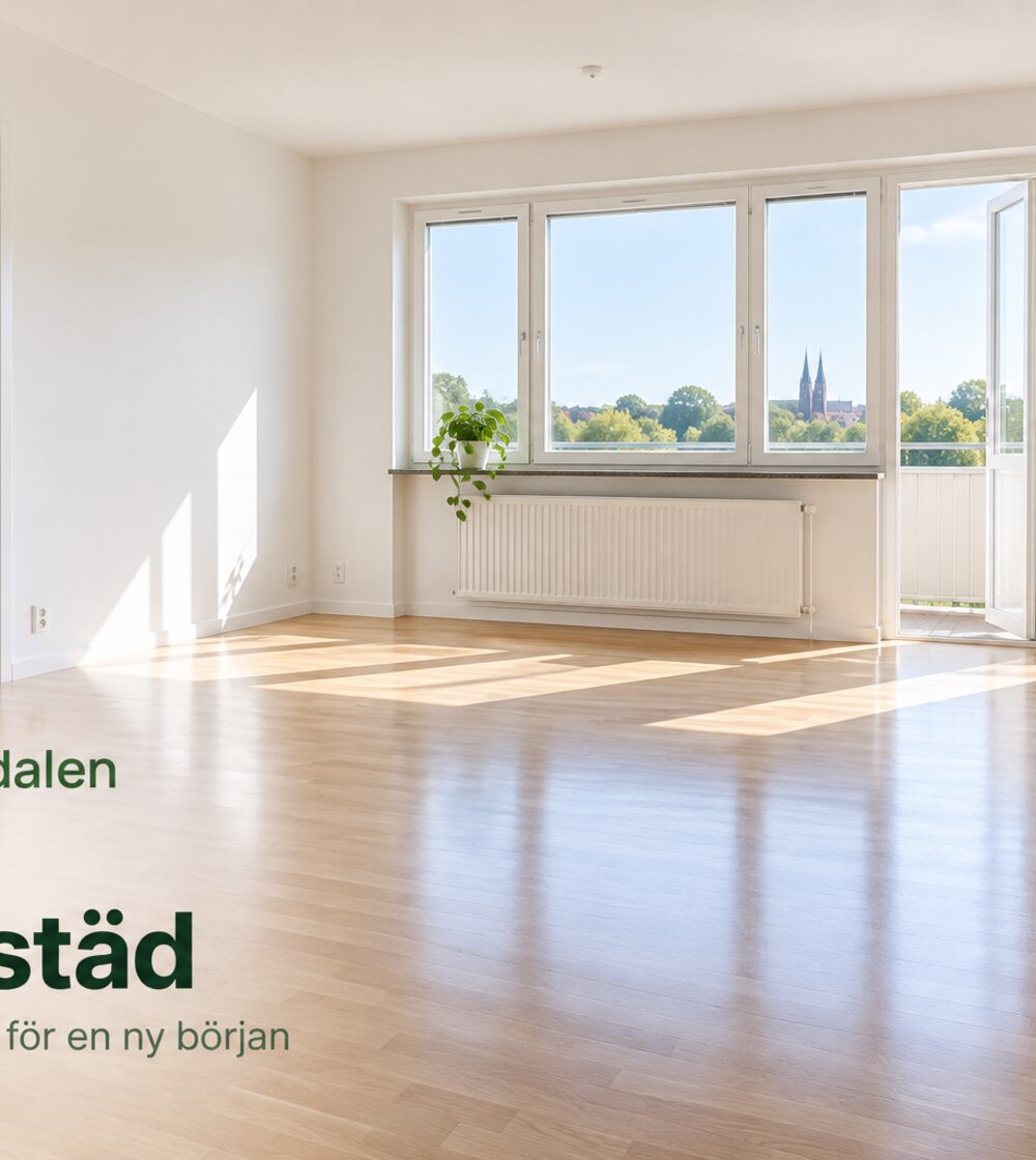 Ljust och tomt vardagsrum efter flyttstädning, med utsikt över Uppsala