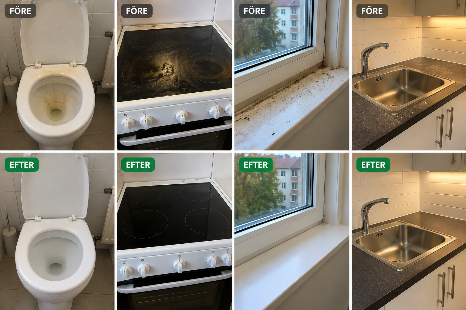 Före och efter flyttstädning av toalett, spishäll, fönster och diskbänk