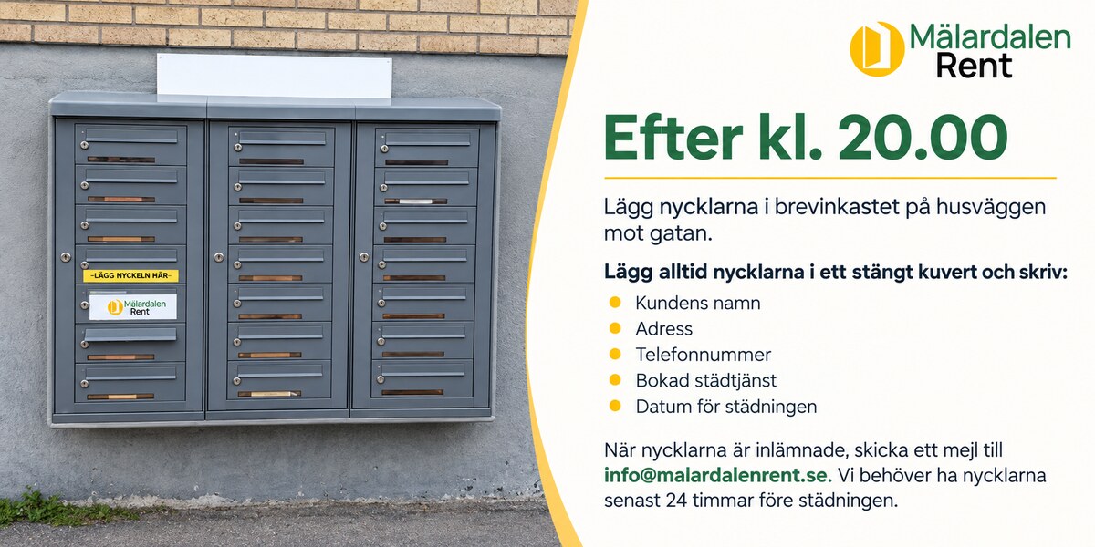Grå brevlådor på en husvägg med skylten Lägg nyckeln här. Efter kl. 20.00 läggs nycklarna i brevinkastet mot gatan, i ett stängt kuvert med kundens namn, adress, telefonnummer, bokad städtjänst och datum för städningen.