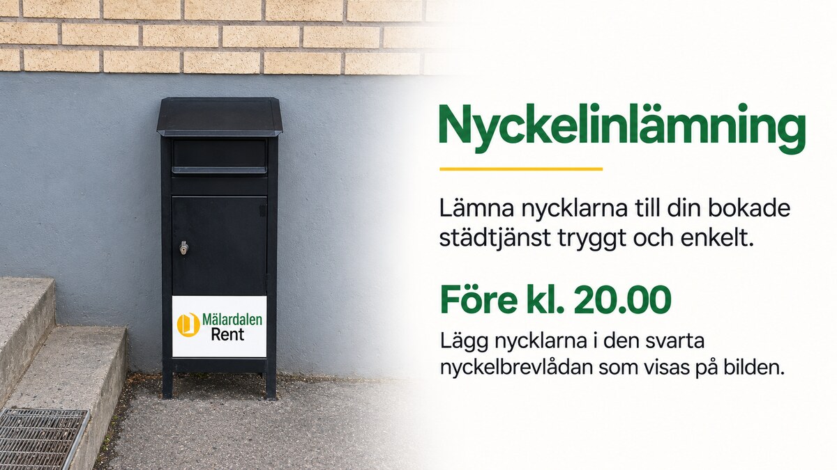 Svart nyckelbrevlåda med Mälardalen Rents skylt vid en putsad vägg. Före kl. 20.00 läggs nycklarna i den svarta nyckelbrevlådan som visas på bilden.